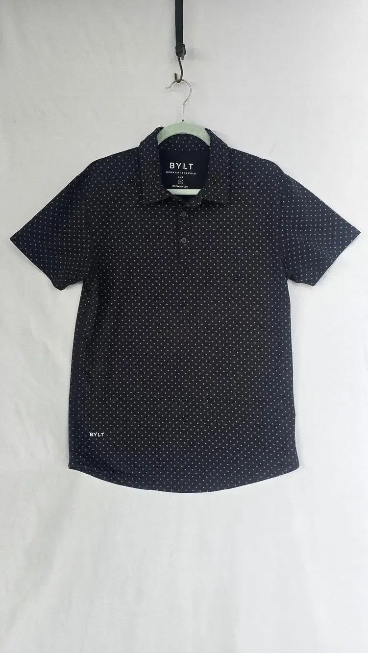 BYLT Polo Shirt Mens Medium Black Polka Dot LUX Drop Cut Stretch Short Sleeve